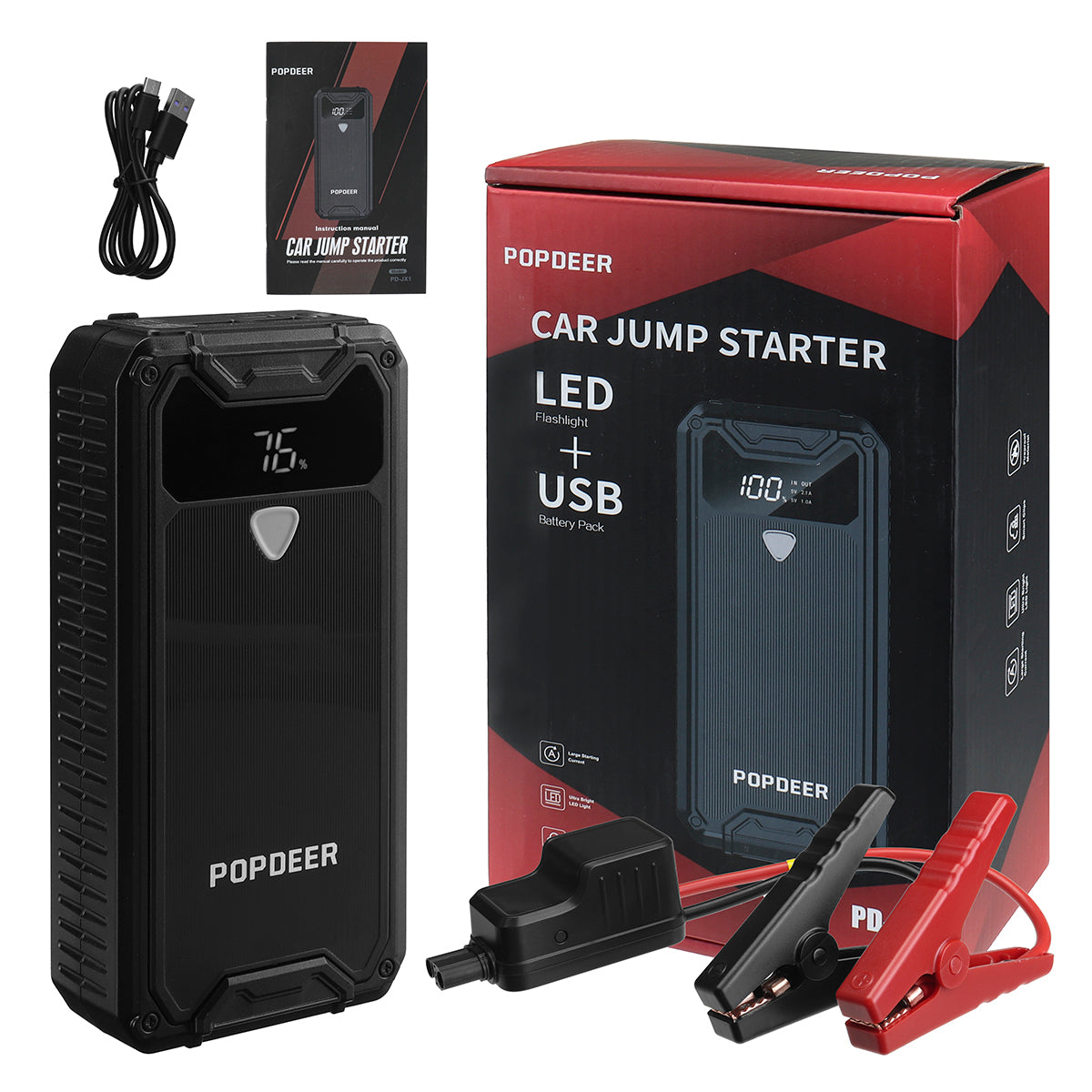Starthilfe für Auto: Popdeer PD-JX1 mit LED-Licht und Powerbank im